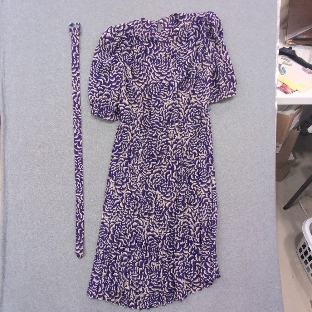 Vintage 80's Lady Carol Purple Cream Floral Print Midi Dress w/ Belt Puff Medium